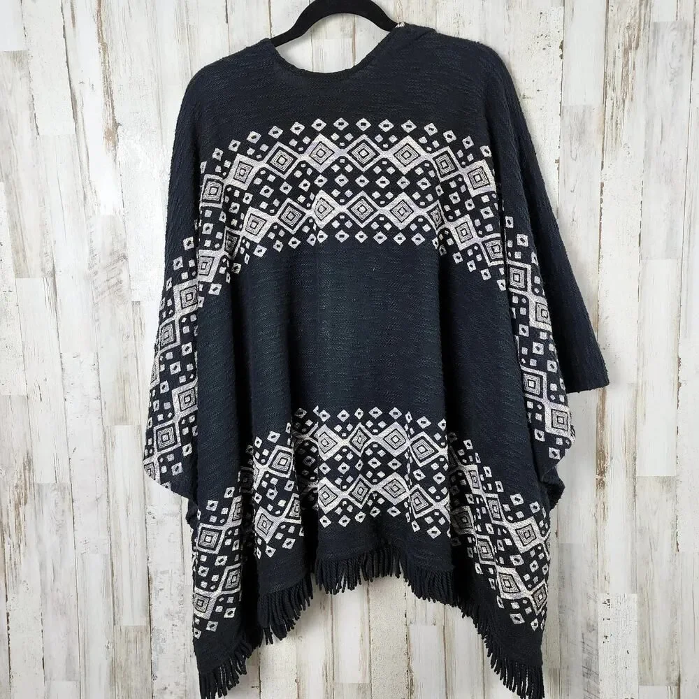 Mossimo Supply Co Aztec Print Fringed Poncho Sweater Black Size S/M - Picture 2 of 11